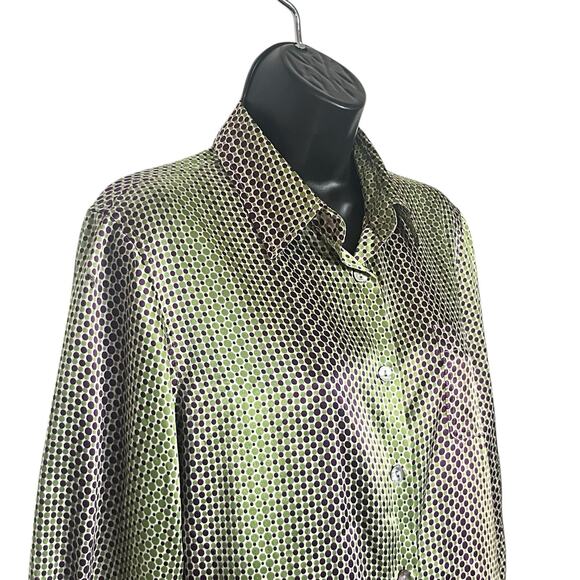 VTG HARVE BERNARD 90s Y2K SATIN BLOUSE BUTTON UP PURPLE GREEN RETRO STRIPE S M - Picture 2 of 4